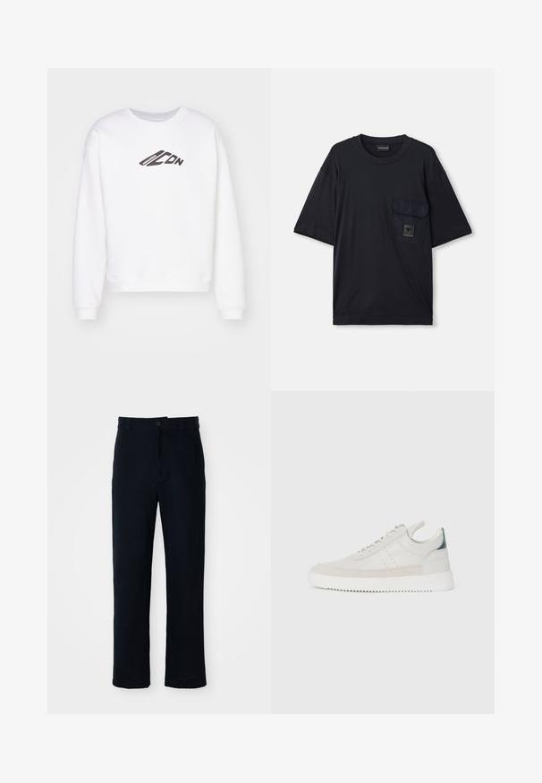 Weißes Sweatshirt mit Rundhalsausschnitt, auf der Vorderseite mit einem schwarzen "ICON"-Logo bedruckt. Es hat eine lockere Passform und gerippte Bündchen an den Ärmeln.; Schwarzes kurzärmliges T-Shirt mit Rundhalsausschnitt und einer aufgesetzten Tasche auf der linken Brust, die mit einem kleinen rechteckigen Logo-Patch versehen ist.; Dunkelblaue Baumwollhosen mit geradem Bein, einem Frontknopfverschluss und einem klassischen Bund mit Gürtelschlaufen.; Weiße Leder-Sneaker mit grauen Wildleder-Akzenten, Schnürdesign, Zuglasche und strukturiertem Gummisohle mit Zickzackmuster.