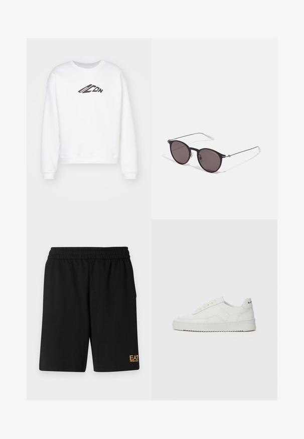 Sweat-shirt blanc à col rond, avec un logo "ICON" noir imprimé à l'avant. Il a une coupe décontractée et des poignets côtelés aux manches.; T-shirt en coton noir avec un col rond, des manches courtes et le logo "EMPORIO ARMANI" en blanc au-dessus de "Milano" dans un design incurvé.; Shorts de sport noirs en tissu doux, avec une taille élastique et un petit logo jaune EA7 sur le bas de la jambe gauche.; Baskets en cuir blanc avec une finition lisse, bout arrondi, lacets plats et semelle texturée. Présente un logo discret sur le talon.; Lunettes de soleil noires rondes avec verres sombres et branches en métal fines. Comprend des embouts transparents et des accents argentés au niveau de la charnière. Design minimaliste.