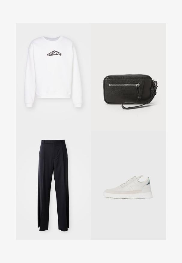 White sweatshirt with a crew neck, featuring a black "ICON" logo printed on the front. It has a relaxed fit and ribbed cuffs at the sleeves.; Black, high-waisted trousers with a wide-leg cut, made of smooth fabric. Features front pleats and belt loops. Minimalistic design, no visible hardware.; White leather sneakers with gray suede accents, lace-up design, pull tab, and textured rubber sole featuring a zigzag pattern.; Black leather clutch with textured surface, front zip pocket, and detachable wrist strap. Features a logo patch on the front. Rectangular shape.