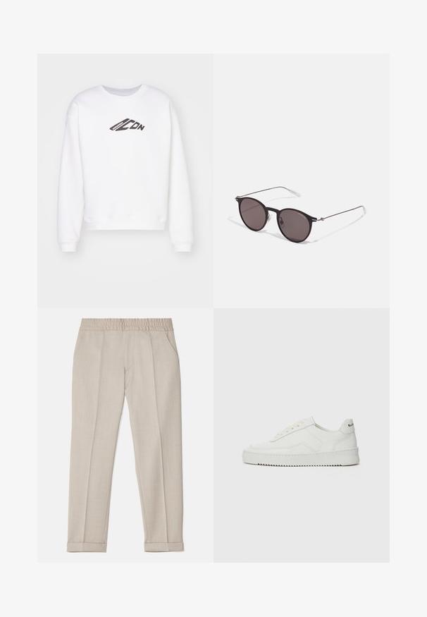 Witte sweatshirt met een ronde hals, voorzien van een zwart "ICON" logo dat op de voorkant is gedrukt. Het heeft een ontspannen pasvorm en ribgebreide cuffs aan de mouwen.; Filippa K TERRY CROPPED TROUSERS - Broek - sage melange; Witte leren sneaker met een gladde afwerking, ronde neus, platte veters en een gestructureerde zool. Kenmerkt zich door een subtiel logo op de hiel.; Zwarte ronde zonnebril met donkere lenzen en slanke metalen armen. Inclusief heldere tempelpunten en zilveren accenten bij de scharnier. Minimalistisch ontwerp.