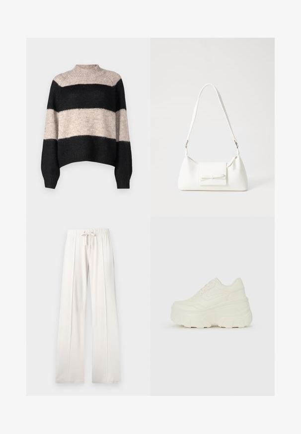 Csíkos pulóver magas nyakkal, három vízszintes fekete és világos bézs sávval. Puha, textúrázott kötött anyagból készült.; Világos bézs színű, puha anyagból készült melegítőnadrág, állítható derékkal, széles lábakkal és függőleges varratokkal, sima felülettel.; Fehér platform sportcipők, sima bőrszerű felsőrésszel, kerek formával, párnázott bokával és texturált gumitalppal, jól definiált mintázattal.; Fehér szintetikus kézitáska, háromszög alakú, lapos előlap, masni részlettel, állítható pánttal, sima textúrával és minimalista dizájnnal.