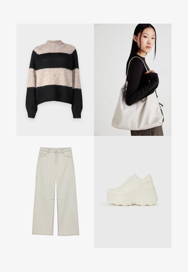 Stripete genser med høy hals, med tre horisontale bånd i svart og lys beige. Laget av et mykt, teksturert strikkemateriale.; Lys grå vide bukser med fem lommer, frontknaplukning og kontrastsying langs sømmene. Stoffet ser blødt og holdbart ud.; Hvite plattformsnickers med en glatt læraktig overdel, avrundet form, polstret krage og teksturert gummisåle med tydelige dekk.; Beige håndveske laget av mykt materiale, med en slapp design, sydd detaljer og to skulderstropper. Passer for daglig bruk.