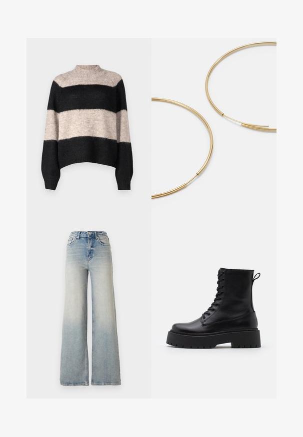 Pruhovaný svetr s vysokým límcem, který má tři horizontální pruhy v černé a světle béžové barvě. Vyrobeno z měkkého, texturovaného pleteného materiálu.; Světle modré široké džínsy vyrobené z denimu, s vysokým pasem, pěti kapsami a viditelným švem podél švů.; Černé kožené kotníkové boty s kulatou špičkou, šněrováním na přední straně a silnou gumovou podešví s texturovaným vzorkem. S poutkem vzadu.; Zlaté kruhové náušnice, tenké a kulaté, s hladkým kovovým povrchem a bez zdobení či vzorů.