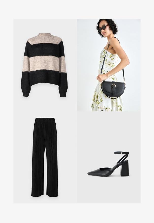 Pulover cu dungi, cu guler înalt, având trei benzi orizontale în negru și bej deschis. Fabricat dintr-un material tricotat moale și texturat.; Pantaloni negri plisati cu talie elastică. Prezintă picioare largi și un material neted, texturat, cu dungi verticale.; Pantofii cu toc ascuțit din piele neagră, cu breteaua pentru glezne și toc gros. Textură netedă, design elegant și estetică minimală.; Geantă din piele neagră, cu o formă curbată, curea detașabilă și accesorii aurii. Geanta are un capac cu un detaliu tip cataramă.