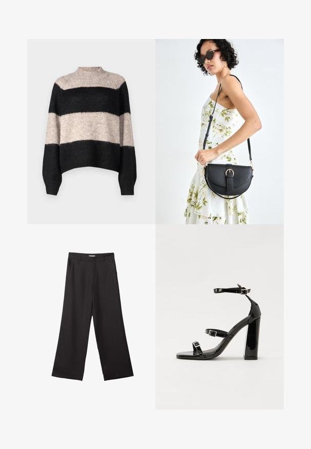 Striped sweater with a high neck, featuring three horizontal bands in black and light beige. Made from a soft, textured knit material.; Black wide-leg trousers made of smooth fabric, featuring a front zipper and two side pockets, with a tailored fit and minimalistic design.; Black patent heeled sandals with a square toe, ankle straps, and silver buckles. Features a chunky block heel for stability.; Black leather handbag with a curved shape, detachable strap, and gold hardware. The bag features a flap with a buckle detail.