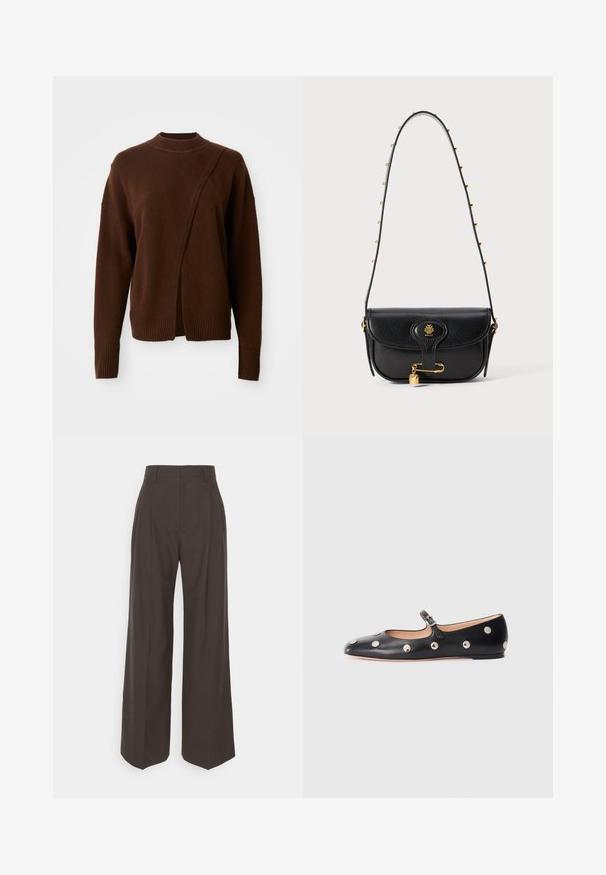Brown, knitted sweater with a ribbed neckline and cuffs. Features an asymmetrical design and split front for a relaxed fit.; Dark brown wide-leg trousers with a high waist, featuring neatly pressed creases, smooth texture, and a tailored fit.; Black leather Mary Jane flat shoe with a rounded toe, featuring silver circular studs and an adjustable strap with a buckle.; Black leather handbag with a structured design, featuring a gold logo, a padlock accent, and a chain-embellished shoulder strap.