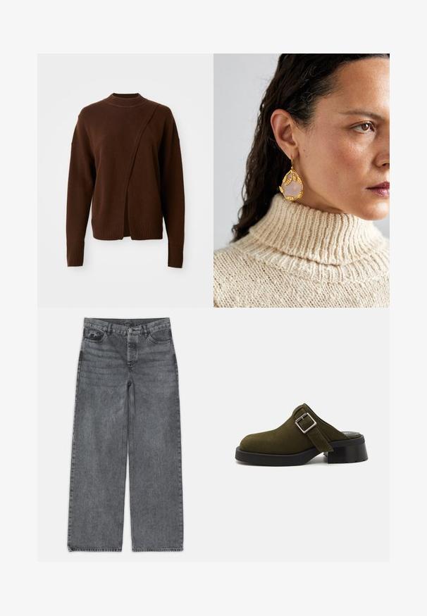 Bruine, gebreide trui met een ribbelboord aan de hals en mouwen. Heeft een asymmetrisch ontwerp en een gespleten voorkant voor een ontspannen pasvorm.; Wijdere jeans in donkergrijs denim. Kenmerken zijn een hoge taille, vijf zakken en een sluiting met een knoop aan de voorkant. Glad textuur met subtiele vervaging.; Olijfgroene suède muiltjes met een lage, dikke zwarte hak. Beschikt over een zijband met een zilveren gesp voor aanpassing. Over het algemeen een gladde textuur.; Gouden oorbellen hebben een bladvorm met een druppelvormige rozenkwartssteen. Gecombineerd met een crèmekleurige geribbelde coltrui.
