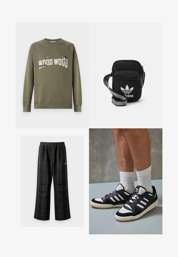 Sweatshirt verde-oliva com gola redonda e mangas raglan. Apresenta borboletas bordadas e o texto "WOOD WOOD" em branco.; Calças pretas em padrão xadrez com cintura elástica, dois bolsos frontais e um ajuste solto com design de perna reta. Feitas de material leve.; Ténis em preto e branco com upper em camurça e couro, apresentando três riscas brancas, um toe perfurado e uma sola em borracha de goma.; Sacolinha transversal de tecido preto com fecho de zíper, apresentando um logo da Adidas em branco e uma alça ajustável listrada para facilitar o transporte.