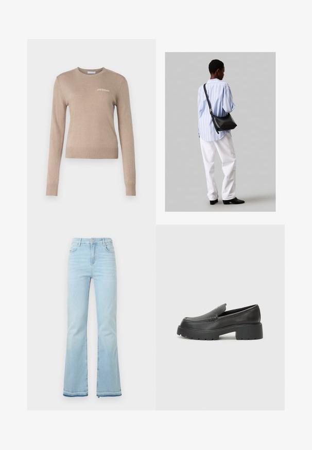 Beżowy sweter z dzianiny z długimi rękawami, okrągłym dekoltem oraz ściągaczami na dolnym brzegu i mankietach, charakteryzuje się subtelnym białym logo "2ND DAY" na klatce piersiowej.; Jasnoniebieskie dżinsy w stylu dzwonów, wykonane z denimu, z wysokim stanem, przednimi kieszeniami i surowym wykończeniem u mankietów, idealne na co dzień.; Czarne skórzane mokasyny z zaokrąglonym noskiem, grubą fakturowaną podeszwą oraz minimalnymi detalami szycia. Elegancki design bez widocznych sznurowadeł czy elementów metalowych.; Czarna skórzana torba na ramię o miękkiej fakturze, w kształcie trójkąta, z regulowanym paskiem, połączona z jasnoniebieską koszulą w paski i białymi spodniami.