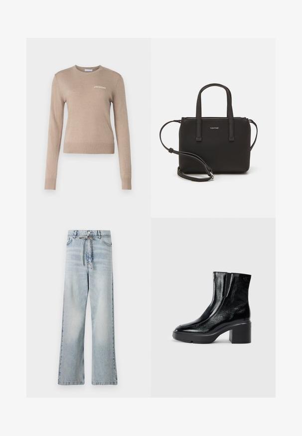 Bēša adīta džemperis ar garām piedurknēm, apaļu kakla izgriezumu, ribotu apakšdaļu un piedurkņu malu, ar smalku balto "2ND DAY" logo krūtīs.; Gaiši zili plats kāju džinsi, izgatavoti no denima, ar augstu jostasvietu, priekšējām kabatām un jostu ar auklu jostasvietā. Ar nodilušu tekstūru.; Melnas lakotas ādas potītes zābaki ar izliekto purngalu, elastīgām sānu paneļiem un masīvu blokveida papēdi. Aizmugurē ir izsistā logo.; Melns roku soma ar divām īsām rokturiem un noņemamu plecu siksnu. Gluda ādas līdzīga materiāla ar rāvējslēdzēja aizdari un logos detaļu.