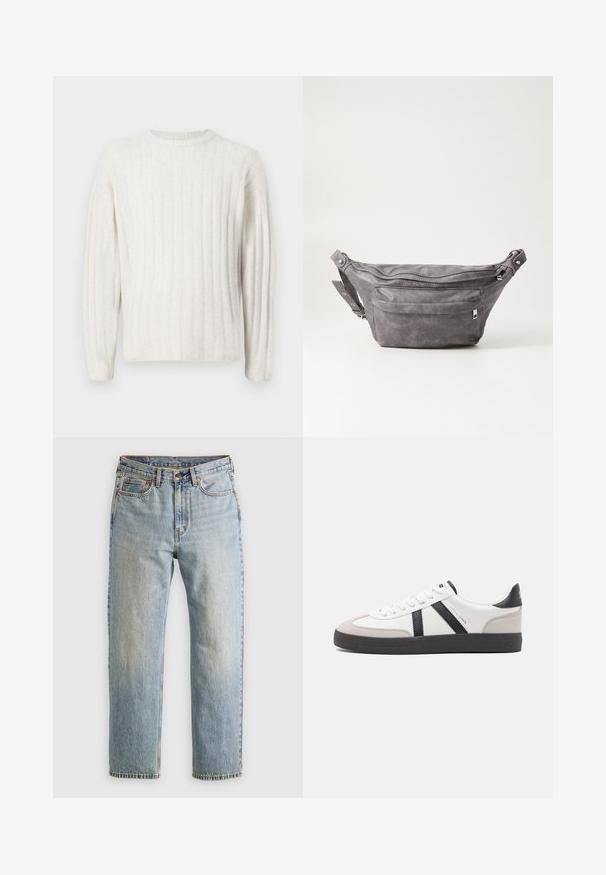 Krémszínű kötött pulóver bordázott textúrával, kerek nyakkal és hosszú ujjal. Puha anyag, laza szabással.; Világoskék farmernadrág magas derékkal, elülső gombbal, cipzárral és öt zsebbel, sima háttérre fektetve.; Fehér sneaker fekete és szürke részletekkel, textúrált szürke orr résszel, fekete gumitalppal és lapos fehér fűzőkkel. Tiszta dizájn, minimalista stílus.; Szürke velúr övtáska kerek formával, két cipzáras rekesszel és állítható pánttal. Fém dekorációval rendelkezik.