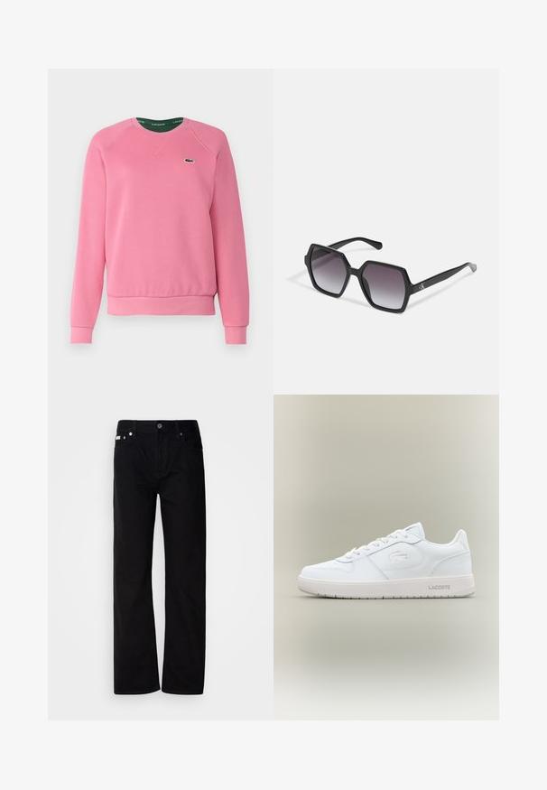 Lacoste Sweatshirt - reseda pink; Svart denim rettfittede bukser med fem lommer, sølvnitter og knappestolpe. Stoffet har en glatt, lett teksturert overflate.; Hvit lær sneaker med en jevn finish, rund tå, snøredesign og en subtil preget logo på siden. Har en gummisåle.; Svart sekskantede solbriller med gradientlinser, med en blank finish og subtil merkevareføring på stangen. Slitesterk plastkonstruksjon.