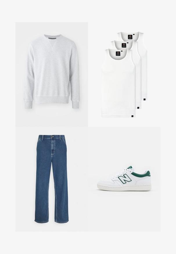 Hellgrauer Sweatshirt aus weichem Stoff, mit Rundhals, langen Ärmeln sowie gerippten Bündchen und Saum. Glatte Textur mit minimalistischem Design.; Drei weiße, gerippte Tanktops aus Baumwolle. Merkmale einen Rundhalsausschnitt und kleine schwarze Etiketten am Saum. In mehreren Größen erhältlich.; Blaue Jeans aus Denim mit geradem Schnitt, fünf Taschen, Metallknopfverschluss und sichtbarer Naht entlang der Nähte und des Saums.; Weißer Sneaker mit grünen Akzenten, Obermaterial aus Leder, gelochte Zehenpartie, Schnürverschluss und strukturierte Gummiaußensohle. Verfügt über ein auffälliges "N"-Logo.