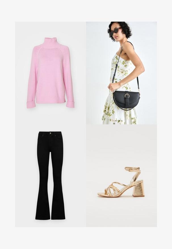 Suéter tricotado cor-de-rosa claro com gola alta, punhos e barra canelados. Apresenta um acabamento texturizado e mangas raglan para um ajuste descontraído.; Jeans pretos de cintura alta com fecho de botão e zíper, bolsos frontais e pernas largas dispostos em cima de um fundo branco.; Sandálias de salto alto metálico dourado com design em tiras, salto quadrado e tira no tornozelo ajustável com fivela. Textura suave.; Bolsa de couro preta com forma curva, alça destacável e detalhes em dourado. A bolsa possui uma aba com detalhe de fivela.