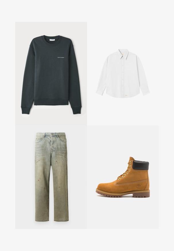 Tumši zaļš džemperis, apaļš kakls, garas piedurknes, ribotie aproces un maliņas, ar baltu teksta logotipu "TIGER OF SWEDEN" uz krūtīm.; Balta krekla ar pogām ar klasisko apkakli, garām piedurknēm un noapaļotu apakšmalu; lejas kreisajā stūrī ir neliels oranžs logs.; Izsistās džinsās gaisā zaļā krāsā, ar taisnu kāju, piecu kabatu dizainu un nevienmērīgu izbalēšanu, kā arī krāsas šļakatas.; Brūna zamša potīte ar melnu izšuvumu ap kaklu, zelta metāla acu caurumi, balta šuvju apdare un izturīgs gumijas zole ar izteiktu zīmējumu.