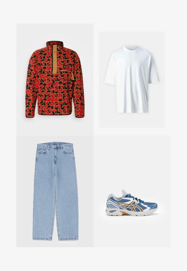 Columbia HELVETIA - Fliisdžemper - sail red; Valge lühikeste varrukatega T-särk, mis on valmistatud pehmest puuvillast. Omab ümmargust kaelust, lõdvemat lõiget ja sileda tekstuuri. Ei ole nähtavaid mustreid ega aktsente.; Heled sinise denimi sirgete põlvede lõikega teksad, millel on keskmise kõrgusega vöökoht, viis taskut ning nööbid ja tõmblukk.; Sinine spordijalanõud, millel on võrgust ülaserv, valged ja oranžid aktsendid, pehmendatud vaheking ja tekstureeritud kummist tallad. Omab nööridega sulgemist.