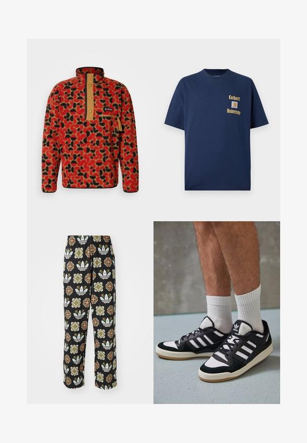 Columbia HELVETIA - Sweat polaire - sail red; T-shirt en coton bleu marine à manches courtes, avec le texte doré "Carhartt University" et un écusson logo sur la poitrine gauche.; Pantalons noirs avec un motif complexe de diverses formes, y compris des designs floraux et des rayures en orange, vert et blanc.; Baskets noir et blanc avec une tige en suède et cuir, comportant trois rayures blanches, un bout perforé et une semelle en caoutchouc gum.