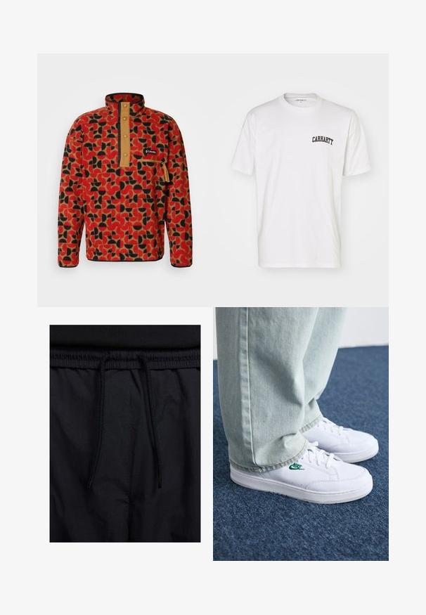 Columbia HELVETIA - Fleecepullover - sail red; Weißes Baumwoll-T-Shirt mit kurzen Ärmeln und Rundhalsausschnitt. Mit einem schwarzen "Carhartt"-Logo, das auf der oberen linken Brustseite aufgedruckt ist.; Schwarze Shorts mit einem Kordelzugbund, leichtem Stoff mit glatter Textur und einem schlichten Design ohne sichtbare Logos oder Muster.; Weiße Leder-Sneaker mit grünem Nike-Logo, runde Zehenpartie, flache Sohle, kombiniert mit hellblauen Jeans, präsentiert auf einem blauen Teppich.