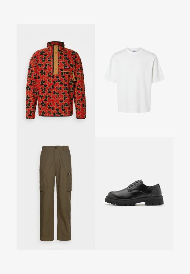 Columbia HELVETIA - Camisola de lã polar - sail red; T-shirt branca de algodão com mangas curtas, decote redondo e um corte solto. Textura suave sem padrões ou detalhes visíveis.; Calças cargo em verde oliva, feitas de um tecido resistente. Apresentam dois bolsos laterais, uma cintura padrão e um corte de perna reta.; Sapatos de couro pretos com bico arredondado, design de atacador e sola de borracha espessa e texturizada. Apresenta costuras ao longo da borda e um acabamento liso.