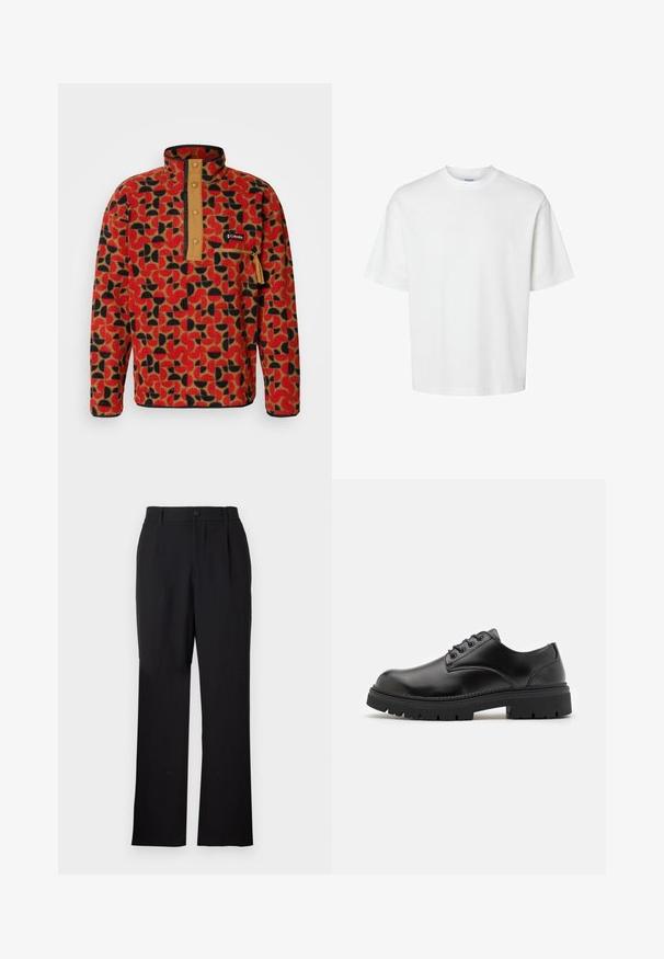 Columbia HELVETIA - Fleecetröja - sail red; Vit bomullströja med korta ärmar, rundad halsringning och en avslappnad passform. Slät textur utan synliga mönster eller detaljer.; Only & Sons ONSJEREMY LOOSE PANT - Tygbyxor - black; Svarta läderskor med rund tå, snörningsdesign och en tjock, texturerad gummisula. Har sömmar längs kanten och en slät yta.