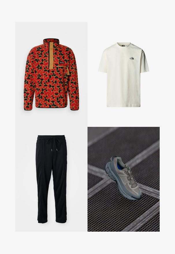 Columbia HELVETIA - Fleecepullover - sail red; Baumwoll-T-Shirt in Off-White mit kurzen Ärmeln, Rundhalsausschnitt und einem kleinen schwarzen Logodruck auf der linken Brust. Glatte Textur.; Schwarze lässige Hosen mit Kordelzug und seitlichen Eingrifftaschen sowie geradem Bein auf einem einfarbigen Hintergrund.; Beige und graue Sportschuhe mit strukturiertem Mesh-Obermaterial, runder Zehenkappe und Gummisohle, ausgestattet mit Schnürsenkeln und einem gepolsterten Schaft.