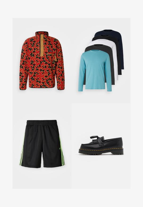 Columbia HELVETIA - Polárpulóver - sail red; Öt hosszú ujjú póló egymás mellett: türkiz, fekete, fehér, sötétszürke és tengerészkék. Puha anyag, kerek nyakkivágású kialakítás és standard fit.; Fekete sportnadrág, rugalmas derékkal, mindkét oldalon két függőleges neon zöld csíkkal és egy kis logóval az elülső bal oldalon.; Fekete bőr mokaszin, rojtos díszítéssel, masszív fekete talppal és sárga varrással az élén. Texturált felület.