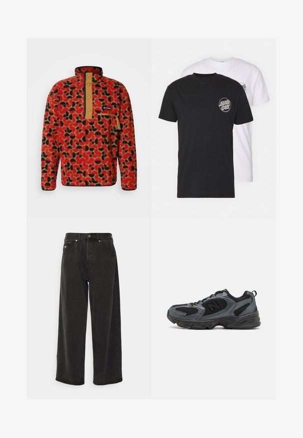 Columbia HELVETIA - Fleecová mikina - sail red; Balení dvou triček: jedno černé, jedno bílé. Obě mají krátké rukávy a kulaté logo na hrudi v kontrastní barvě. Bavlněný materiál.; Obey Clothing BIGWIG BAGGY - Baggy džíny - black; Černé a šedé sportovní boty s texturovaným síťovaným svrškem, gumovou podrážkou a podpůrným designem. Obsahují logo a systém zavazování.