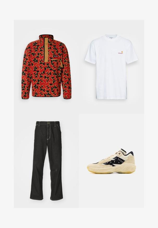 Columbia HELVETIA - Felpa in pile - sail red; T-shirt bianco in cotone con maniche corte. Progettato con un piccolo logo arancione e maroon sul lato sinistro del petto. Presenta un classico collo rotondo.; Jeans in denim nero con una vestibilità ampia, caratterizzati da cuciture bianche a contrasto, chiusura a bottone e un design a gamba dritta.; Sneaker beige e nera con upper in suede, caratterizzata da un pannello laterale nero liscio con punti bianchi e una suola in gomma testurizzata.