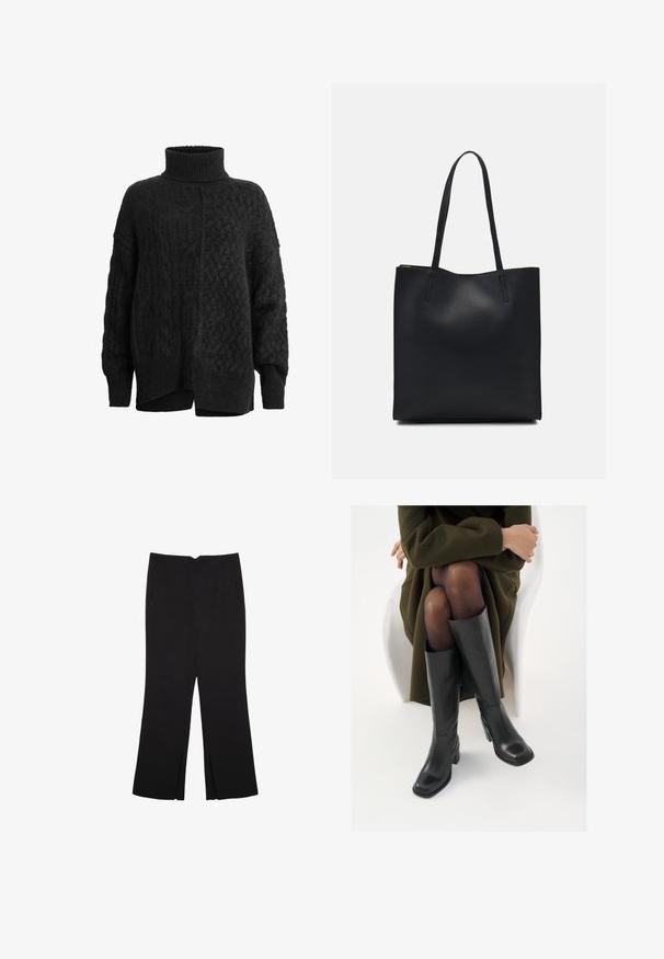 Mustat neulotut neuleet korkealla kauluksella, jossa on teksturoitu kuvio ja pudotetut olkapäät; sivuhalkiot hemman alueella lisäävät mukavuutta ja sopivuutta.; Mustat housut suoralinjaisella leikkauksella, joissa on etutaskut ja sivurei'ät helman alla. Valmistettu pehmeästä ja sileästä kankaasta. Sopii eri tilaisuuksiin.; Polvisuoja mustat nahastossud, millel on ruudukujuline varvas ja plokk-kints, on esitatud mudeli seljas, kes istub oliivrohelises mantlis. Sile tekstuur, minimaalne detailitus.; Mustapahkainen kangaskassi, jossa on sileä pinta, suorakaiteen muotoinen ja kaksi pitkää kahvaa. Ei näkyvää metalliosaa tai koristeita.