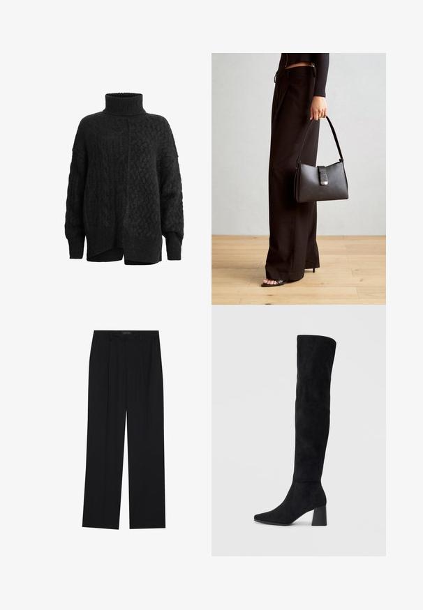 Pulover negru tricotat cu guler înalt, având un model texturat și umeri căzuți; sliturile laterale de la margine îmbunătățesc confortul și potrivirea.; Pantaloni negri cu un design drept, dotati cu doua buzunare frontale si un talie. Fabricati dintr-un material usor si neted.; Cizme negre din suede, cu toc bloc, vârf ascuțit și un design neted, fără cusături, pe un fundal deschis.; Genți negre cu o formă structurată, textură netedă și un închizător metalic. Asortată cu pantaloni negri largi și sandale cu vârf deschis pe un podea din lemn.