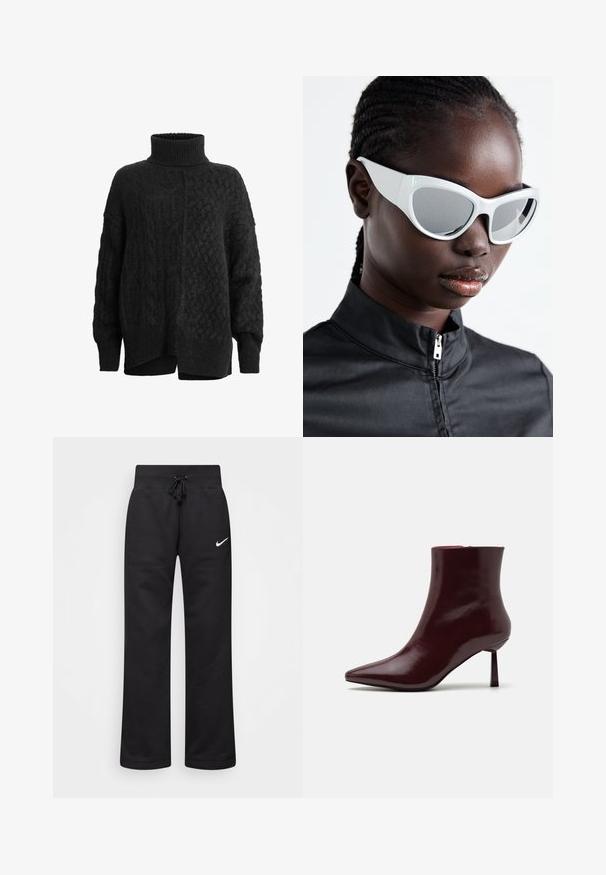 Črni pleteni pulover z visokim žepom, ki ima teksturiran vzorec in spuščena ramena; stranske razpoke na robu povečajo udobje in prileganje.; Črne trenirke iz mešanice bombaža, z elastičnim pasom na vrvico, ravnimi nogami in belim logotipom Nike na levi strani.; Burgundska patentna kožna gležnjarja s koničastim nosom in ozko špicasto peto, s gladko, sijočo teksturo in minimalističnim dizajnom.; Bele sončna očala z drznim, prenapolnjenim dizajnom in ogledalnimi lečami, ki imajo gladke plastične okvirje in poudarjene krivulje.; Srebrni obročasti uhani s poliranim finišom, ki se ponašajo s krožno zasnovo in brezšivnimi tečaji ter gladko teksturo.