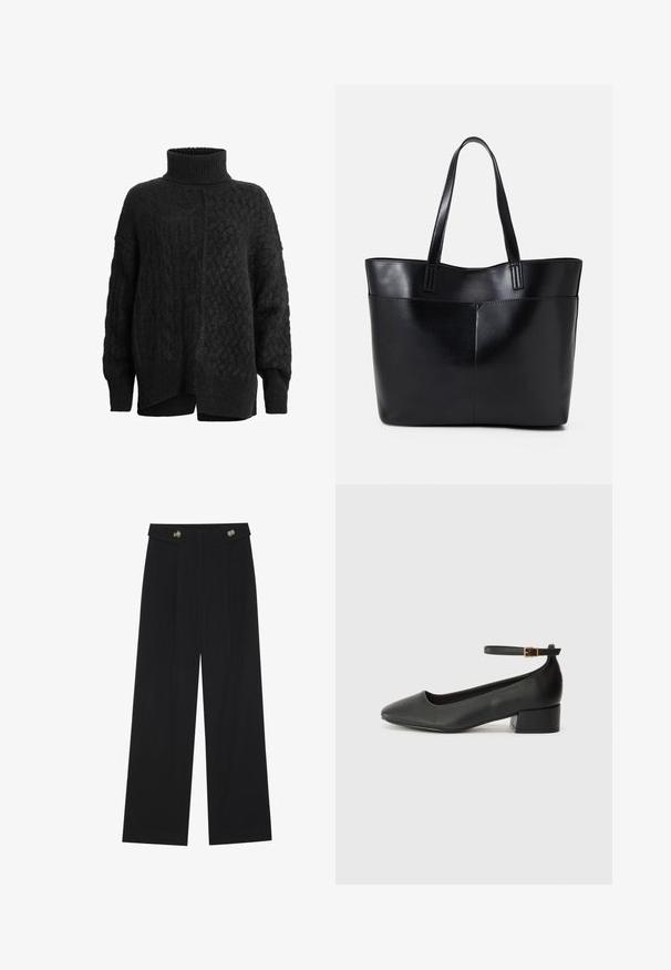 Mustmust, mille kõrge kaelusega, millel on tekstuuriga muster ja langevad õlavarreõmblused; külgmised lõhikud hemmi juures parandavad mugavust ja sobivust.; Mustad laiad püksid kõrge vöökoha ja nööpdetailidega vööandil, esikortsudega.; Must mustaapp, millel on terav nina ja madal blokk-kand. Omab pahkluu rihma koos kuldse tooni pandlaga. Sile tekstuur.; Must mustaga musta nahast, millel on kaks pikka kanda, sile tekstuur ja struktureeritud kuju. Esipoolsel on lisakoti jaoks tasku.