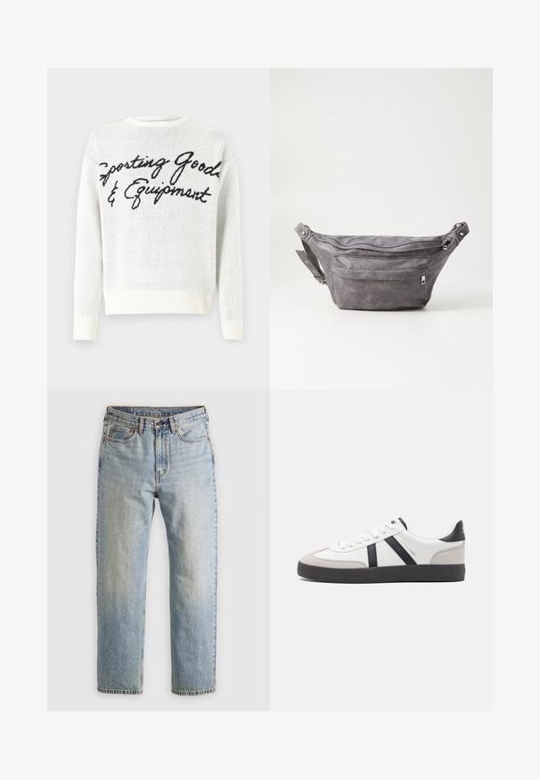 Maglione bianco a maglia con testo in nero "Articoli e Attrezzature Sportive" sulla parte frontale, scollatura arrotondata e polsini a costine.; Jeans in denim azzurro chiaro con vita alta, bottone anteriore, cerniera e design a cinque tasche, adagiati su uno sfondo neutro.; Sneaker bianco con accenti neri e grigi, dotata di una punta grigia testurizzata, suola in gomma nera e lacci bianchi piatti. Design pulito, stile minimalista.; Fanny pack in suede grigio con forma arrotondata, due scomparti con cerniera e tracolla regolabile. Presenta dettagli in metallo.