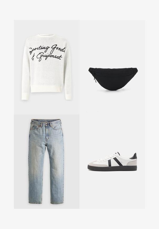 Witte gebreide trui met zwarte scripttekst "Sporting Goods & Equipment" over de voorkant, ronde halslijn en ribgebreide manchetten.; Lichtblauwe denim jeans met hoge taille, frontknop, rits en vijfzakkenontwerp, plat gelegd op een neutrale achtergrond.; Witte sneaker met zwarte en grijze accenten, voorzien van een grijze neus met textuur, zwarte rubberen zool en platte witte veters. Schoon ontwerp, minimalistische stijl.; Zwarte stof heuptas met een afgeronde vorm, voorzak met rits en een gladde textuur. Geen zichtbare patronen of accenten. Lichtgewicht ontwerp.