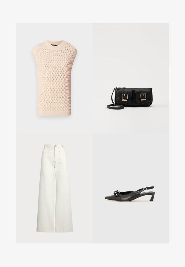 Knit sleeveless top in light beige, featuring textured woven pattern, ribbed neckline and hem, with straight silhouette and open sides.; Wide-leg jeans in off-white denim. High-waisted design with a button closure, two front pockets, and contrast stitching details.; Black leather slingback shoe with pointed toe, small heel, and decorative buckle detail on the upper. Smooth texture, minimalistic design.; Black leather crossbody bag with two front pockets, gold buckles, zipper closure, and a slim strap. Textured surface and compact rectangular shape.