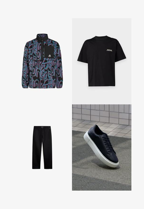 Fleece-Pullover in Schwarz mit wirbelnden Mustern in Türkis und Pink. Mit einer zipfbaren Brusttasche und hohem Kragen.; Schwarzes Baumwoll-T-Shirt mit kurzen Ärmeln, Rundhalsausschnitt und Druck auf der linken Brustseite in weißem und goldenem Text, mit einem entspannten Schnitt.; Schwarze Baumwollhose mit geradem Schnitt, Reißverschluss und Fronttaschen. Glatte Textur, keine sichtbaren Muster und minimale Beschläge.; Schwarze Leder-Sneaker mit runder Zehenpartie und weißer Gummisohle. Verfügt über flache Schnürsenkel und minimale Nähte im Obermaterial. Strukturiertes Sohlenprofil für besseren Halt.