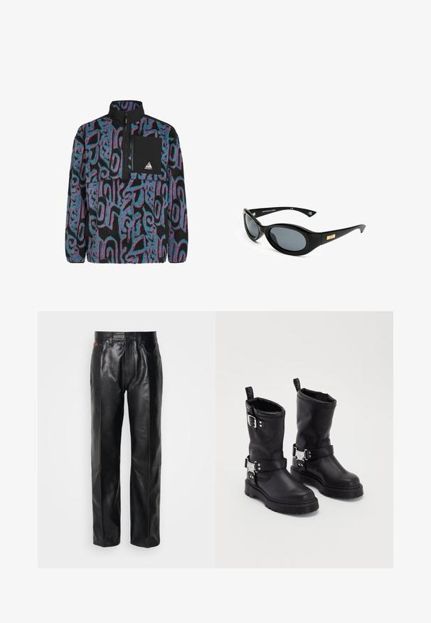 Fekete fleece pulóver, türkiz és rózsaszín kavaró mintákkal. Zippes mellzsebbel és magas gallérral rendelkezik.; Fekete bőr nadrág egyenes szárú fazonban. Jellemzői közé tartozik a gombos zárás és az elülső zsebek, sima felülettel és minimális varrással.; Fekete bőr bokacsizma masszív talppal, oldalsó csattal és díszítő hardverelemekkel. Simább textúra, húzófüllel.; Fekete napszemüveg ovális lencsékkel, matt kerettel és arany kiegészítővel az oldalán. Sötétszürke lencsék UV-védelmet nyújtanak.