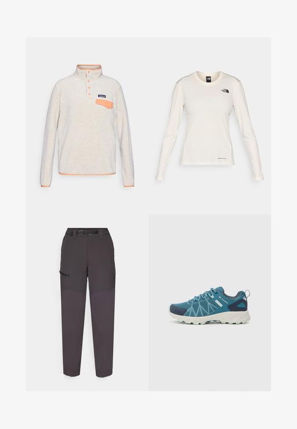 Heledu pusa kerge halli värviga, millel on oranž kaelus, nupud ja tasku. Omab tekstuuriga kangast ja Patagonia logo silti.; The North Face SHADOW LONG SLEEVE - Pikkade varrukatega topp - white dune; Tumed hallid cargo püksid, mis on valmistatud kerge kangaga, omavad vastupidavat vööd, esitõmblikku ning küljetaskut Velcro klapiga.; Columbia PEAKFREAK™ II OUTDRY™ - Matkajalatsid - blue heron/skylight