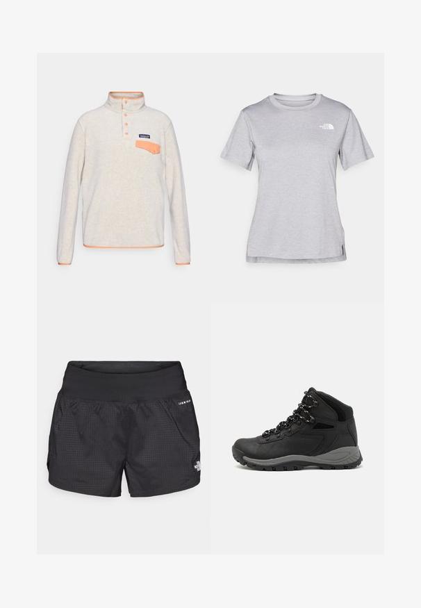 Fleece pullover in light gray with an orange collar, buttons, and pocket. Features a textured fabric and a Patagonia logo patch.; Grey short-sleeve t-shirt made of soft, moisture-wicking fabric. Features a crew neck and a small white logo on the upper left.; Black running shorts with a textured fabric, elastic waistband, and side pockets; features a small logo on the front.; Black hiking boot with a mid-top design, featuring a textured upper, gray accents, and durable rubber sole with traction lugs.