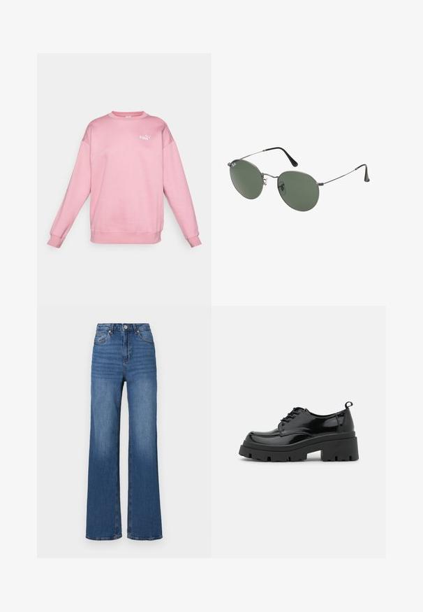 Felpa rosa realizzata in tessuto morbido con colletto a girocollo e maniche lunghe. Presenta un piccolo logo bianco sul petto. Design semplice.; Jeans blu a vita alta e gamba ampia, realizzati in denim, con un classico design a cinque tasche e un leggero sbiadimento lungo le gambe.; Scarpe in pelle verniciata nera con una suola piattaformata chunky e lacci spessi. Punta arrotondata, dettagli minimi e un piccolo tassello sul tallone sul retro.; Occhiali da sole con montatura in metallo e lenti verdi ovali. Montatura sottile in metallo argento e terminali neri. Design minimalista, senza loghi visibili.