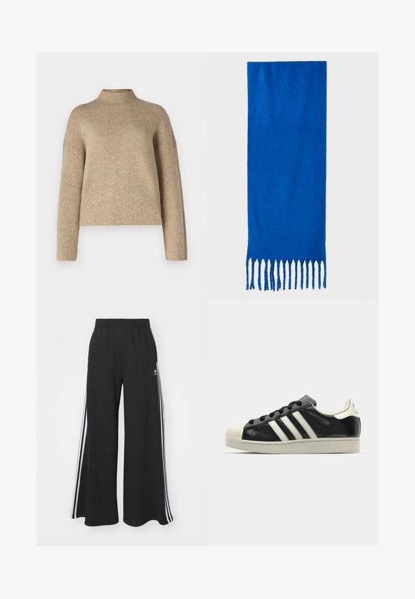 Beige ribbed sweater with a high neck, dropped shoulders, and long sleeves. Made of soft, textured fabric, with a relaxed fit.; Black wide-leg sweatpants with an elastic waistband, featuring white side stripes and an embroidered logo on the left thigh.; Black leather sneaker with white stripes, rubber toe cap, black laces, and a cream-colored outsole. Smooth texture with shiny finish.; Blue fringed scarf made of soft fabric; features a solid color with a textured surface and evenly cut fringe at the bottom.