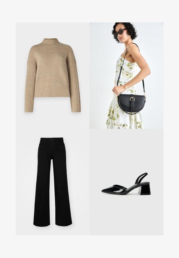 Bež pleten pulover z visokim ovratnikom, spušenimi rameni in dolgimi rokavi. Narejen iz mehkega, teksturiranega materiala, z ohlapnim krojem.; Črne široke denim hlače s strukturiranim pasom, z zankami za pas in sprednjimi žepi. Gladka tekstura s klasičnim dizajnom.; Črne lakirane slingback pete s koničastim nosom in geometrijsko blokasto peto. Imajo eleganten, minimalističen dizajn in gladko teksturo.; Črna usnjena torbica s ukrivljeno obliko, z odstranljivo naramnico in zlatimi dodatki. Torbica ima pokrov s podrobnostmi v obliki zaponke.