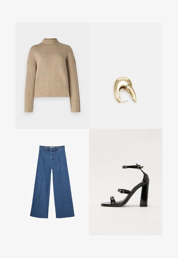 Maglione beige a coste con collo alto, spalle cadenti e maniche lunghe. Realizzato in un morbido tessuto testurizzato, con una vestibilità comoda.; Jeans in denim a gamba larga di blu medio, con vita alta, chiusura con bottone e dettagli delle cuciture verticali a contrasto lungo la parte anteriore.; Sandali con tacco in vernice nera, con punta squadrata, cinturini alla caviglia e fibbie in argento. Presentano un tacco a blocco spesso per maggiore stabilità.; Orecchino in metallo color oro con un design elegante e curvo. Presenta una forma appuntita distintiva, superficie lucida e chiusura a cerniera.