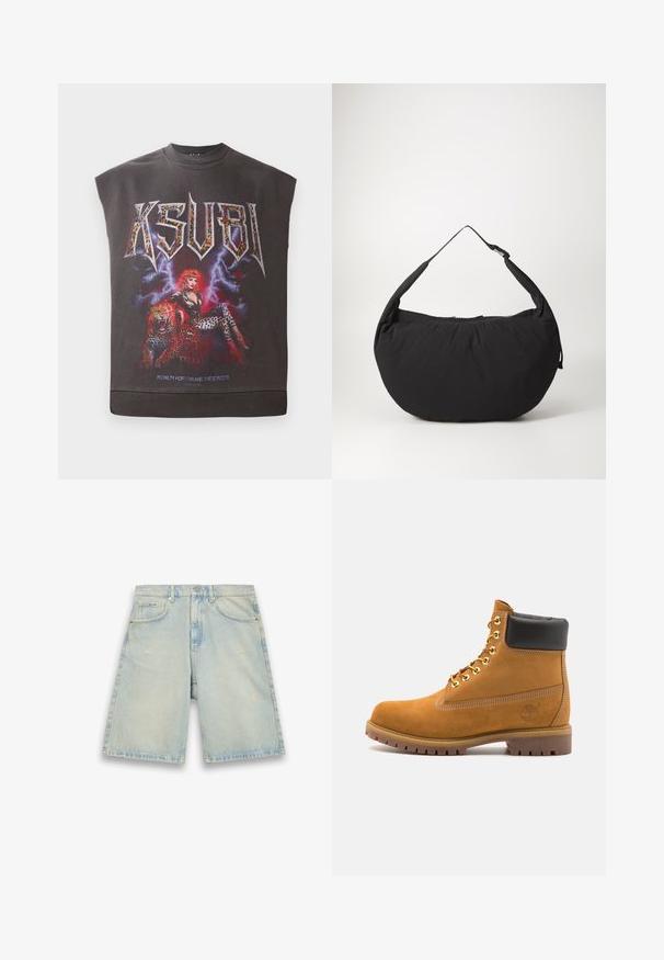 Melnā bezpiedurkņu grafiskā treniņjakā ar "KSUBI" logotipu, spilgts sievietes attēls ar leopardu akcentiem un leopardu zīmējums zem tā.; Gai zilas džinsa šorti ar brīvu piegulumu, piecām kabatām, vieglu nodilumu un redzamām šuvēm. Ir pogas un rāvējslēdzēja aizdare.; Brūna zamša potīte ar melnu izšuvumu ap kaklu, zelta metāla acu caurumi, balta šuvju apdare un izturīgs gumijas zole ar izteiktu zīmējumu.; Melnas auduma plecu soma ar izliekta formu, sākotnēji ar vienu siksnu un ar rāvējslēdzēja aizdari. Mīksta tekstūra, minimālisma dizains.