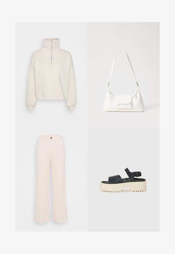 Pulover din fleece de culoare crem, cu guler înalt și închidere cu fermoar în jumătate. Designul include mâneci largi și o tivă scurtă.; Pantaloni largi dintr-un material cremos moale, cu talie înaltă, închidere cu un singur buton și detalii de cusătură minime.; Sandale cu platformă din suede negru, cu talpă albă voluminoasă, curea frontală lată și baretă reglabilă pentru glezna. Talpă texturată pentru aderență.; Geantă sintetică albă, cu formă triangulară, capac frontal plat și detaliu cu fundă, curea ajustabilă, textură netedă și design minimalist.