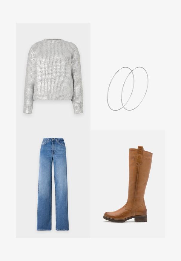 Sidabrinė megztinė su tekstūruotu, raukšlėtu dizainu, apvalia iškirpte ir ilgomis rankovėmis. Audinys turi blizgantį, atspindintį paviršių.; Šviesiai mėlynos plačių kojų džinsai, pagaminti iš džinsinio audinio, su aukštu liemeniu, priekinėmis kišenėmis ir standartiniu mygtuko uždarymu. Lygus paviršius.; Anna Field LEATHER  - Batai - cognac; Sidabrinės pusmėnulio auskarai minimalistiniu dizainu. Apskritimo forma, lygus paviršius ir plonas profilis. Lengvi su poliruotu apdailu.