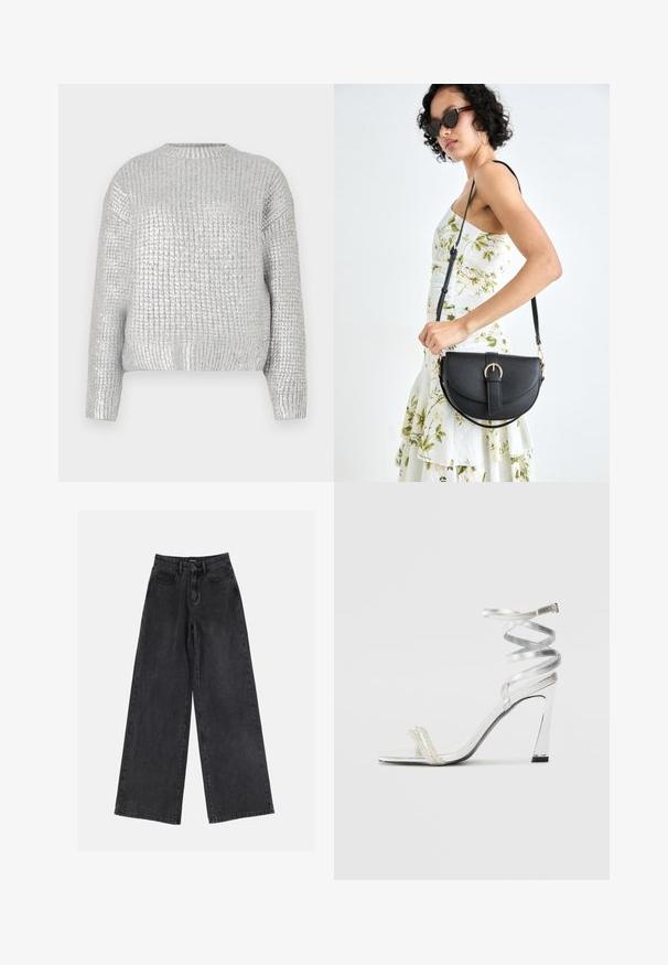 Pull en tricot argenté avec un design texturé à côtes, un col rond et des manches longues. Le tissu a une finition brillante et réfléchissante.; Jean en denim noir à jambes larges avec taille haute, design classique à cinq poches et décoloration subtile. Tissu résistant avec une texture douce.; Sandale à talons hauts argentée avec un design de lanière brillante, mettant en avant un accent semblable à une perle et une lanière de cheville en spirale pour un maintien sécurisé.; Sac à main en cuir noir avec une forme courbée, bandoulière amovible et des accessoires en or. Le sac est doté d'un rabat avec un détail de boucle.