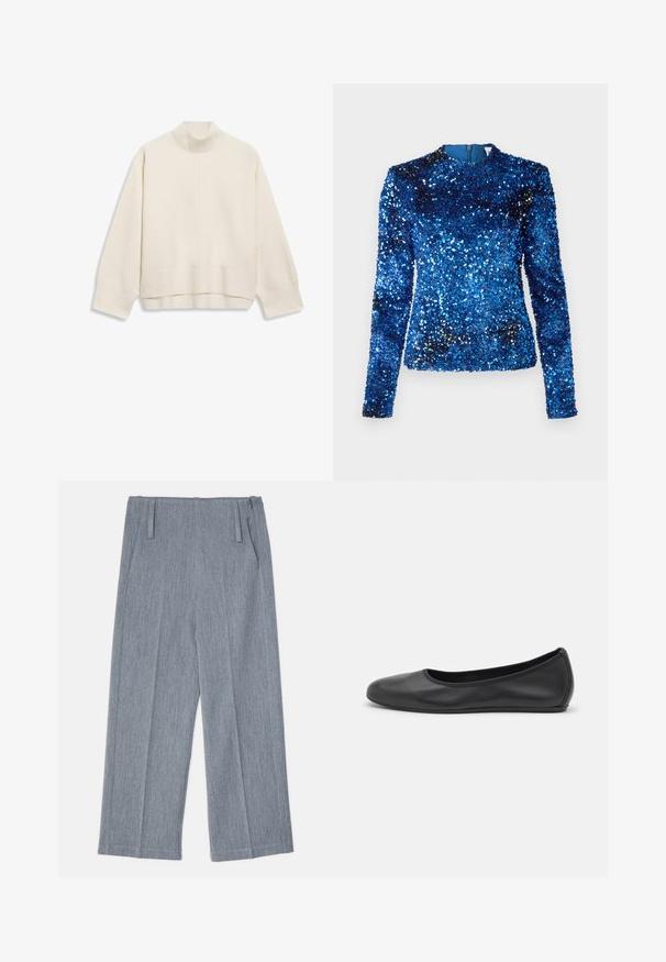 kreemjas kampsun ribatud kõrge kaelusega, langevate õlgadega ja veidi lühenenud lõikega. Valmistatud pehmest, tekstuuriga kangast.; Sinine sädeleva puuvillase särgiga pikkade varrukatega, kõrge kaelanäpiga ja sileda sisepinnaga, millel on tekstuuriga pind, kaetud peegeldavate sädelustega.; Heledad hallid, laiad püksid, mis on valmistatud tekstureeritud kangast, sisaldavad kahte esitaalust ja kahte küljetaskut. Puhtne, kohandatud disain.; Musthave mustika tantsutossud mustast nahast, ümmarguse varbaga, siledast tekstuurist, minimaalse õmblusdetailiga ja paindliku tallakujundusega.