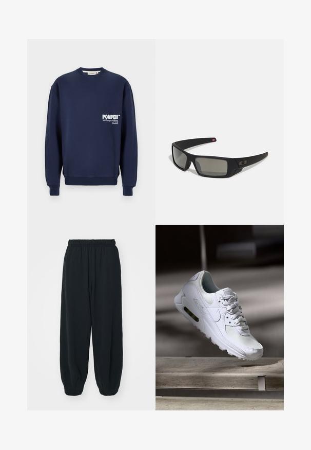 Tumši zilo džemperi, kas izgatavoti no mīkstas kokvilnas, ar apaļu izgriezumu, ribotām aprocēm un priekšējo kabatu ar baltiem drukātiem uzrakstiem.; Melnas sporta bikses ar elastīgu jostasvietu, brīvu piegriezumu, aprocēm ap potītēm, gludu tekstūru, un bez redzamām rakstu vai aparatūras akcentiem.; Baltas Nike Air Max 90 sporta apavi ar sietu un ādas augšdaļu, caurspīdīgu pirksta daļu un redzamu gaisa vienību papēdī.; Melni saulesbrilles ar matētu apdari, taisnstūra lēcām, nedaudz izliektiem tempļiem, smalkiem logotipa elementiem un dūmu nokrāsas lēcām.