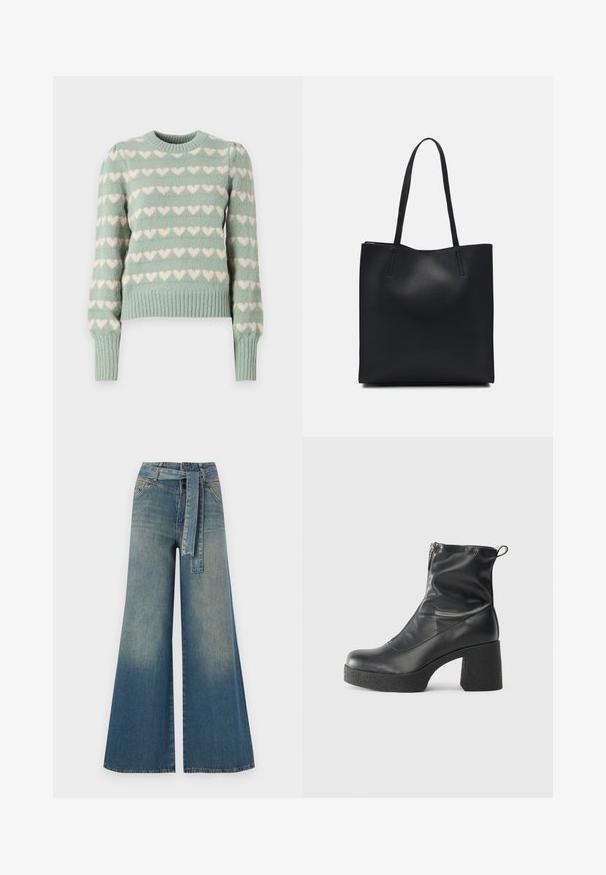 Mintgrønn strikket genser med hvite hjerte mønstre, ribbede mansjetter og kant, rund hals og lett puffede ermer.; Bredde ben jeans med en lyseblå til mørkeblå gradient, høyt liv, beltehemper og et matchende belte i samme stoff. Teksturert denimoverflate.; Svarte ankelstøvler laget av glatt lær, med glidelås på siden, chunky strukturert hæl, og rund tå-design.; Svart lær tote bag med glatt tekstur, rektangulær form og to lange håndtak. Ingen synlige deler eller dekorasjoner.